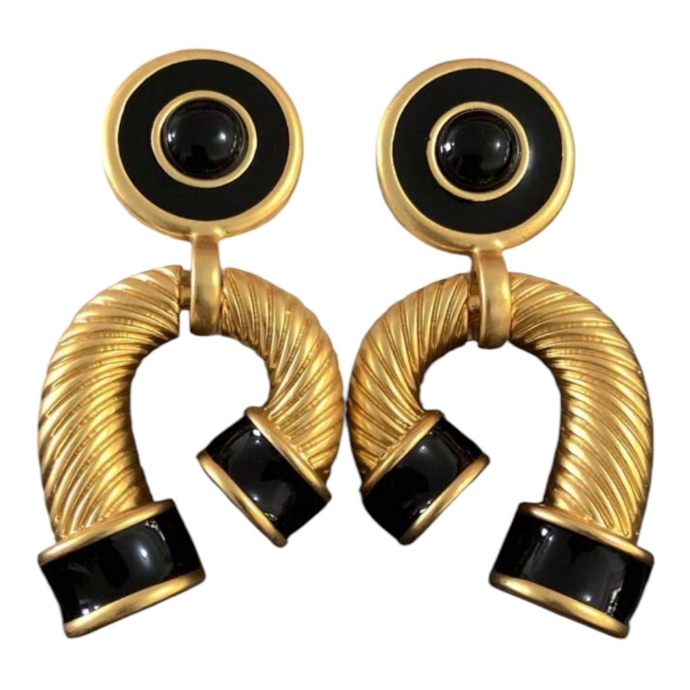 Vintage Black Enamel Lucky Horseshoe Earrings – Elegant Statement Design - Picture 2 of 5
